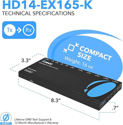 OREI 4K 1x4 HDMI Extender Splitter Over CAT67 Ethernet Cable Up to 4K30Hz upto 165 ft-1080P60Hz upto 230 ft, IR control, EDID, HDMI Loop Out (HD14-EX165-K)