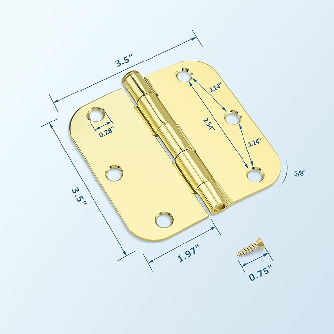 KNOBWELL 3 Pack 3.5" Polished Brass Door Hinges No Squeak, Heavy Duty Hinge for EntryGarageGate, Gold ExteriorInterior Door Hinges with 58" Radius Corners