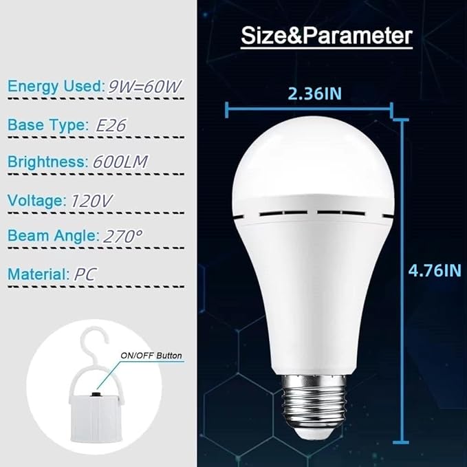 Rechargeable Light Bulbs 9W,Battery Operated Powered LED Light Bulb 600Lumen 3000K Warm White for Power Outage,Camping,Outdoor Activity,Hurricane,Pack of 2