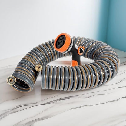 25ft Flexible Garden Hose, Spiral Water Hose, Lightweight and Kink-Free, with 34 Inch Brass Connector, 10 Pattern Nozzle (Orange Grey)