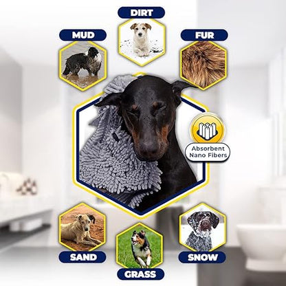 Muddy Mat Doggy Dryer, Highly Absorbent Microfiber Washable Dog Shammy Quick Drying Towel Absorber - Extra Soft Plush Wrap Chenille Bath Towels to Dry Soggy Large Pets  Small Puppy-Grey 13"x31"