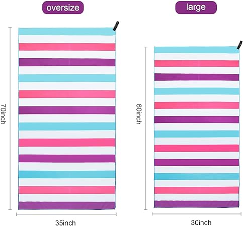 Exclusivo Mezcla Large Microfiber Quick Dry Beach Towel, Lightweight Sand-Free Cabana Stripe Pool Travel Camping Towel with Bag (Purple, 30x60 Inches)