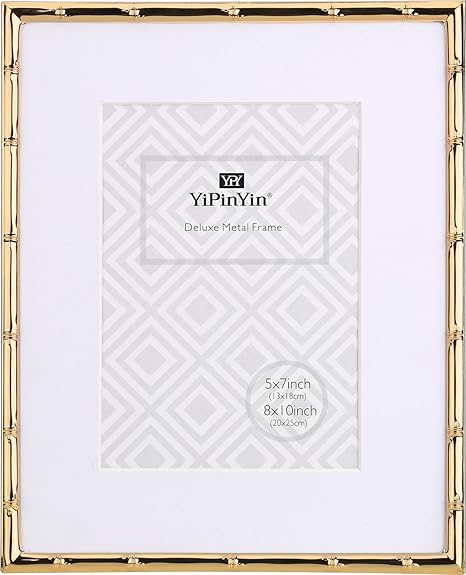 8x10'' Bamboo Detail Gold Metal Picture Frame with Acid Free Mat for 5x7'' Set of 2, Narrow Gold Plated Photo Frames 5 x7'' With Soft Touch Velvet Backing for Desktop and Wall Decor(Dark Gold)