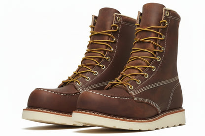 8 Steel Toe Work Boots for Men - Full-Grain Leather with Moc Toe, Slip-Resistant Wedge Outsole, and Comfort Insole; EH Rated