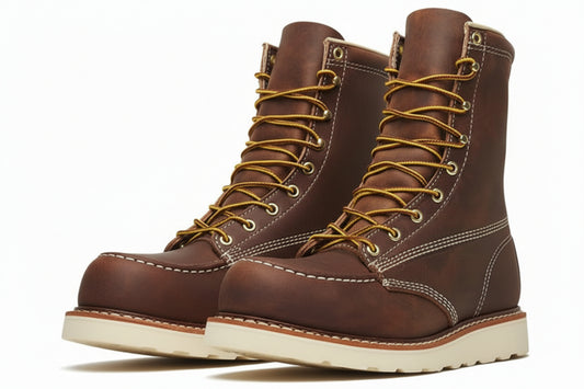 8 Steel Toe Work Boots for Men - Full-Grain Leather with Moc Toe, Slip-Resistant Wedge Outsole, and Comfort Insole; EH Rated