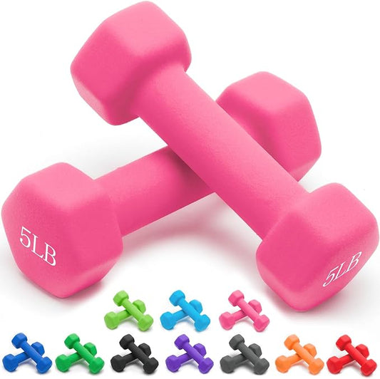 (Color slightly varies from picture) Portzon Dumbbells Neoprene with Non Slip Grip weight for Total Body Workout Exercise and Muscle Toning Compatible with of 2 Set, 5 LB, Anti-Slip, Anti-roll, Hex Shape (Color: Pencil Eraser Pink)