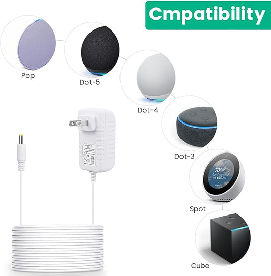 15W Power Cord Adapter for Echo Pop, Dot 5th Gen, Dot 4th, 3rd Generation, Kids Edition, TV Cube Smart Speakers - White Wall Charger Plug Long Cable, 5ft