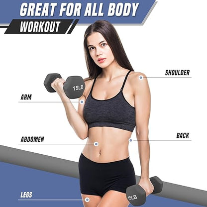 Dumbbells Hand Weights Set of 2 (15 LBS)- Neoprene Coated Hexagon Workout Dumbbell Weight, Anti-roll Hexagon Shape No Roll Design for Home Office Workout
