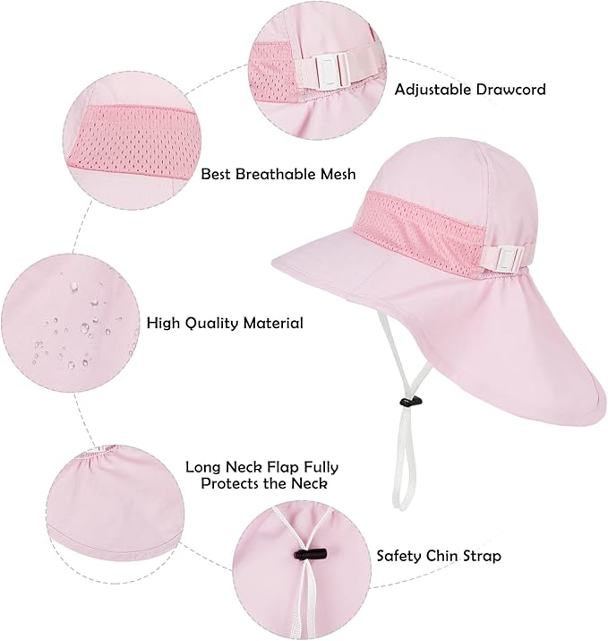 Baby Sun Hat Infant Toddler Kids Summer UPF 50+ Protection Caps for Girls Boys Wide Brim Baby Beach Hats with Neck Flap (2-6 years)