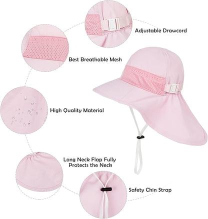 Baby Sun Hat Infant Toddler Kids Summer UPF 50+ Protection Caps for Girls Boys Wide Brim Baby Beach Hats with Neck Flap (2-6 years)