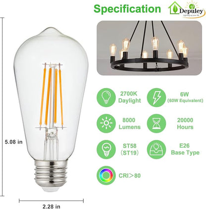 Depuley LED Light Bulbs E26: Chandeleir Lights Bulb 6W Equivalent 60W Incandescent - Edison Vintage Bulbs Warmlight 2700K ST58 800 LM 80CRI Non-Dimmable 12-Pack