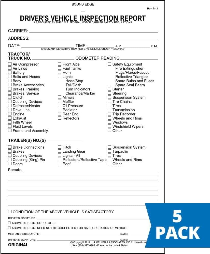 Detailed Driver's Vehicle Inspection Report (1862 Rev. 10/13) 5-pk. - Book Format with 31 Sets, 3-Ply Carbonless, 5.5" x 8.5", Meet FMCSR Requirements, J. J. Keller & Associates, Inc.