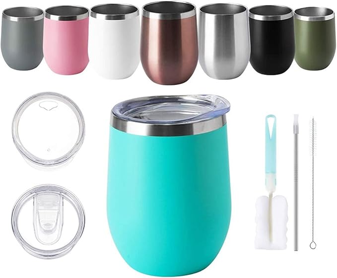Leak-Proof Insulated Coffee mug 12oz Wine Tumblers , Stainless Steel Stemless Wine Glass with Lids and Straws, Double Wall Vacuum Insulated Tumbler Cup, Coffee Mug for Cold Hot Drinks Iced Tea Coffee