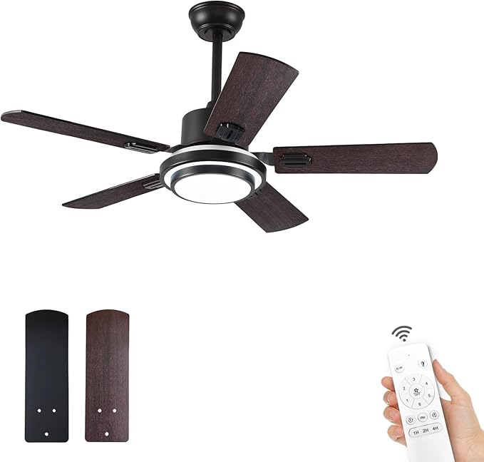 BOOMJOY 42Modern Black Ceiling Fans with Lights and Remote Control,5 Blades,Reversible DC motor,Wood Ceiling Fan with Light for Ourdoor Indoor Patios Farmhouse Living Room Kids Bedroom