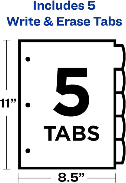 Avery Big Tab Write  Erase Durable Plastic Dividers for 3 Ring Binders, 5-Tab Set, Bright Multicolor, 1 Set (16129)