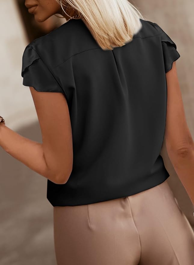Dokotoo Womens Summer Tops Button Down Crew Neck Short Sleeve Shirts Business Casual Loose Work Chiffon Blouses