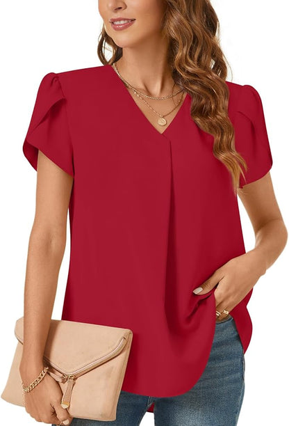 Bestbee Women's Dressy Chiffon Blouses V Neck Tops Tee 2025 Summer Shirts Petal Short Sleeve Casual T-Shirts