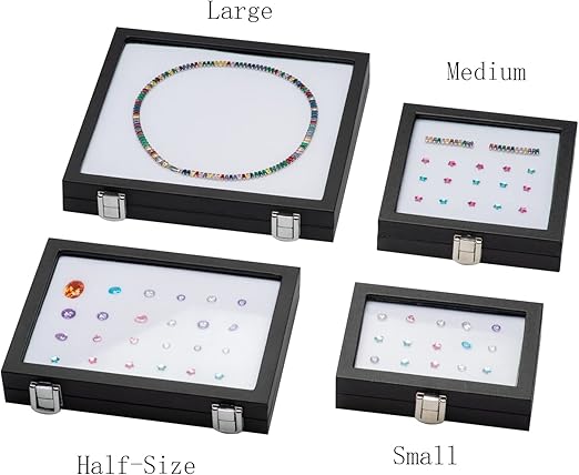 Jewelry Display Case Tempered Glass Top Lid Black Leatherette,Gemstone Display Case Jewelry Storage Box with Metal Clasp (Medium)