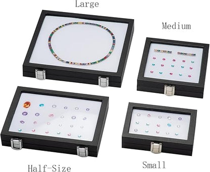 Jewelry Display Case Tempered Glass Top Lid Black Leatherette,Gemstone Display Case Jewelry Storage Box with Metal Clasp (Medium)