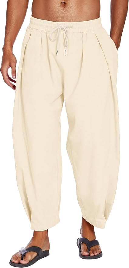 COOFANDY Men's Cotton Linen Harem Pants Drawstring Casual Cropped Trousers Lightweight Loose Beach Yoga Pants with Pockets