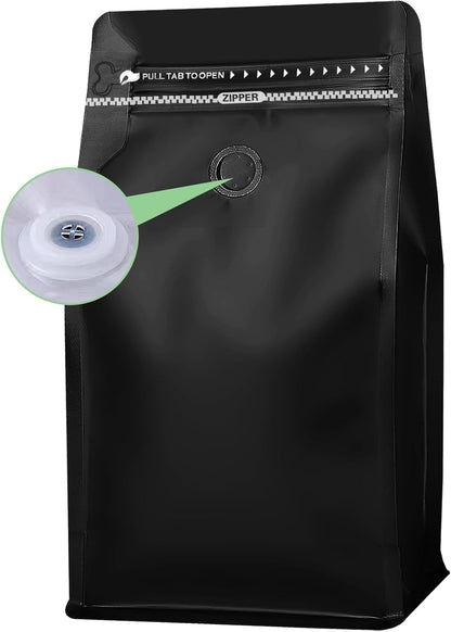 REMTAP Coffee Bags with Valve(50pcs,12 oz,3/4 lb) balck High Barrier Aluminumed Foil Flat Bottom Standing Coffee Beans Storage Bags,Reusable Heat Sealable Side Zipper Pouches for Home or Store