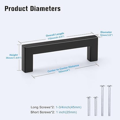 KNOBWELL 6 Pack 4 inch Black Kitchen Cabinet, Stainless Steel Cupboard Door Handles Pulls for Vanity Chest Nightstand Drawer Dresser - Hole Distance 4", Overall Length 4-12"