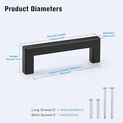 KNOBWELL 6 Pack 4 inch Black Kitchen Cabinet, Stainless Steel Cupboard Door Handles Pulls for Vanity Chest Nightstand Drawer Dresser - Hole Distance 4", Overall Length 4-12"