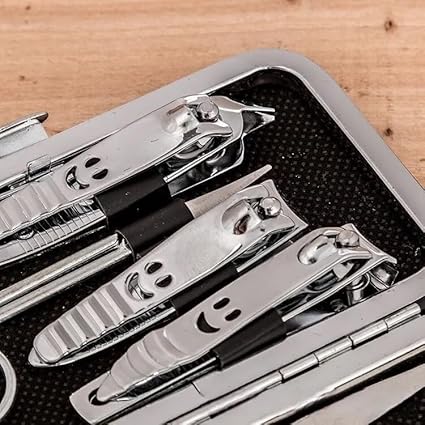 Manicure Set with Nail Clippers, Scissors, Files and Polish Remover, Black, Chrome