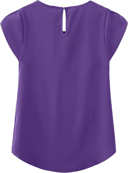 TASAMO Women's Casual Round Neck Basic Pleated Top Cap Sleeve Curved Keyhole Back Chiffon Blouse.