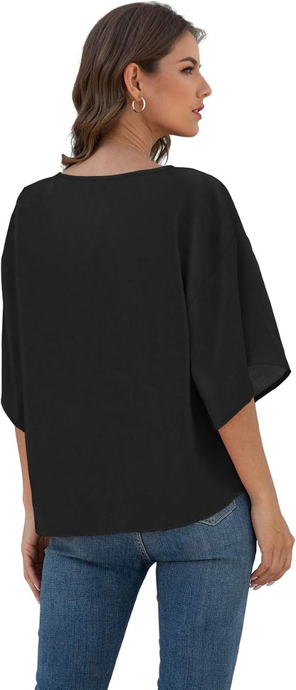 VIISHOW Womens Tie Front Chiffon Blouses V Neck Batwing Short Sleeve Summer Tops Shirts Cropped Top