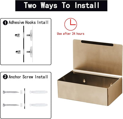 Adhesive Toilet Paper Holder with Shelf and Storage, Wall Mount Toilet Paper Roll Holder  Flushable Wipes Dispenser Set Fits Any Bathroom, Stainless Steel Tissue Holder-Round, Gold