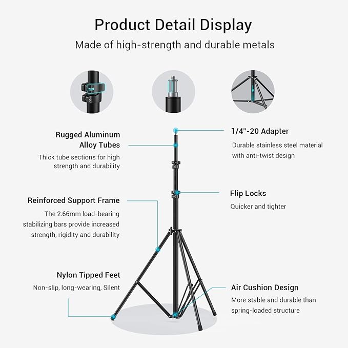 SMALLRIG Photography Light Stand 110"9.2ft280cm, Air-Cushioned Aluminum Photo Video Tripod Stand with 14" Screw for Softbox, Studio Light, Reflector and Ring Light, Max Load 8kg, RA-S280