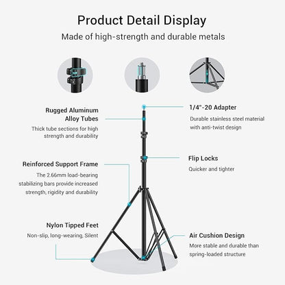 SMALLRIG Photography Light Stand 110"9.2ft280cm, Air-Cushioned Aluminum Photo Video Tripod Stand with 14" Screw for Softbox, Studio Light, Reflector and Ring Light, Max Load 8kg, RA-S280