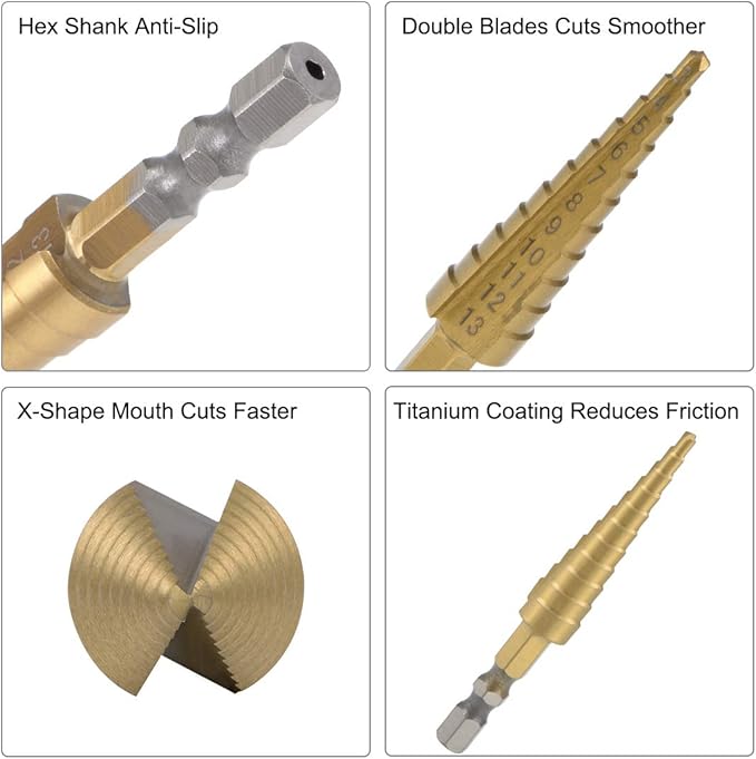 uxcell Step Drill Bit HSS 3mm to 13mm 11 Sizes Titanium Coated Straight Flutes Hex Shank for Metal Wood Plastic