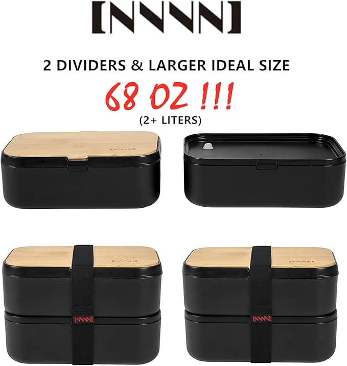 Bento Box Adult Lunch Box - 2 Stackable Containers, 68 oz Large, Natural Bamboo Lid, Microwave Safe, Dishwasher Safe, Bpa free, Gifts for Women