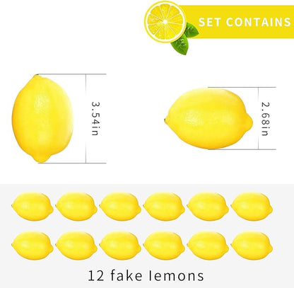 Fake Artificial Fruit Lemons Set of 12, Artificial Faux Fruits Big Size Vivid Faux Yellow Lemon Plastic Fake Yellow Lemon for Fake Fruit Bowl, Home Kitchen Table Cabinet Party Decor Photography Prop