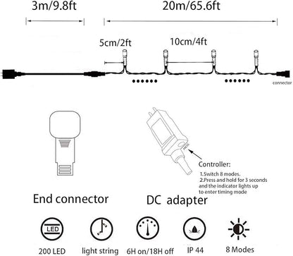 YASENN Christmas Lights String lights 200LED 66Ft Connectable Plug in,Fairy Lights 8 Lighting Modes with Timer for Garden Tree Patio Porch Decorations(Cool White)