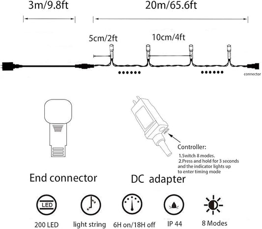 YASENN Christmas Lights String lights 200LED 66Ft Connectable Plug in,Fairy Lights 8 Lighting Modes with Timer for Garden Tree Patio Porch Decorations(Cool White)
