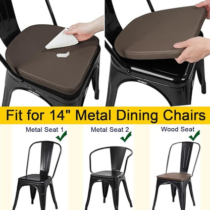 SINOSSO Modern Faux Leather 14" Metal Chair Cushions Set of 4, Leathaire Magnetic Chair Pads for Dining Kitchen Cafe Bistro Stackable Chairs (U-Shape, Brown, 4)