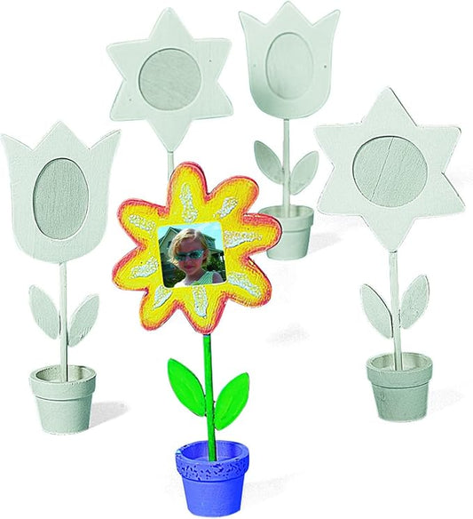 Fun Express Paintable Wooden Flower Photo Stands 6 12 to 7 inches, 12 pieces, ideal for Mother's Day, Spring, Easter, classroom and home crafts