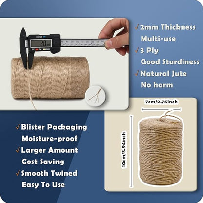 PerkHomy Natural Jute Twine 600 Feet Long Twine String for Crafts Gift Wrapping Packing Gardening Crochet Knitting Macrame Decor (Brown 2mm  600feet)