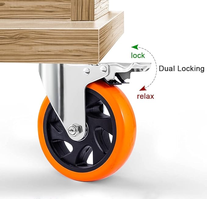 5" Swivel Plate Casters Wheels with Screw Safety Dual Locking and Polyurethane Foam No Noise Wheels,Heavy Duty-550 Lbs Per Caster