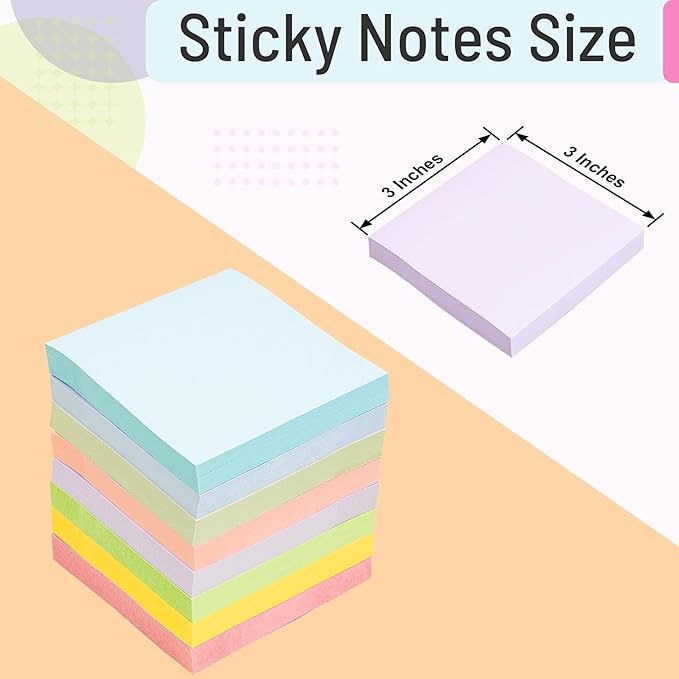 Sticky Notes 3x3 Inches, 8 Pads, 800 Sheets, 8 Color Sticky Note Pads, Premium Sticky Pads, Sticky Notes Bulk, Self-Stick Note Pads, 100 Sheets/pa