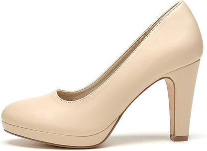 WuORWu Women's Round Toe Low Platform High Heel Pumps