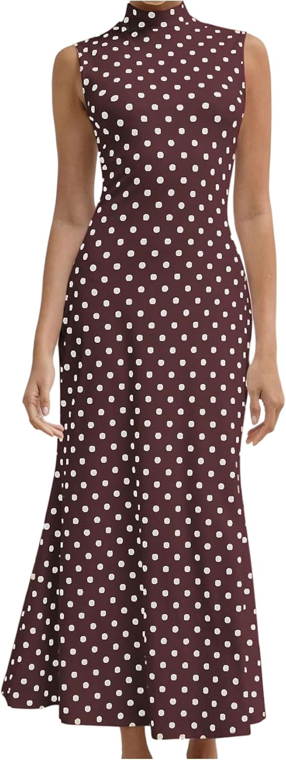 Milumia Women's Polka Dots Maxi Tank Dress Vintage Mock Neck Sleeveless Elegant Long Dresses.