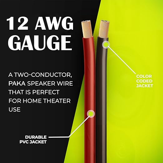 PAKA TOOLS Speaker Wire (100 Feet), Copper Clad Aluminum, CCA Thick Gauge Copper Wire for Stereo, Surround Sound, Home Theater, Radio (BlackRed, 100 Feet,one Spool) (12 Gauge)