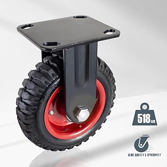 POWERTEC 8 Inch Caster Wheels, Heavy Duty Fixed Plate Casters with Rubber Knobby Tread for Workbench, Dolly, Cart, Trolley, Wagon and Chicken Coop, Large Rubber Castor Wheels, 1PK (17053V)