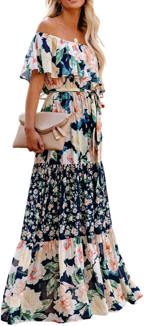 Womens Off Shoulder Boho Floral Maxi Dress 2025 Belted Cinched Waist A-line Dresses Summer Vacation Beach Outfits for Women