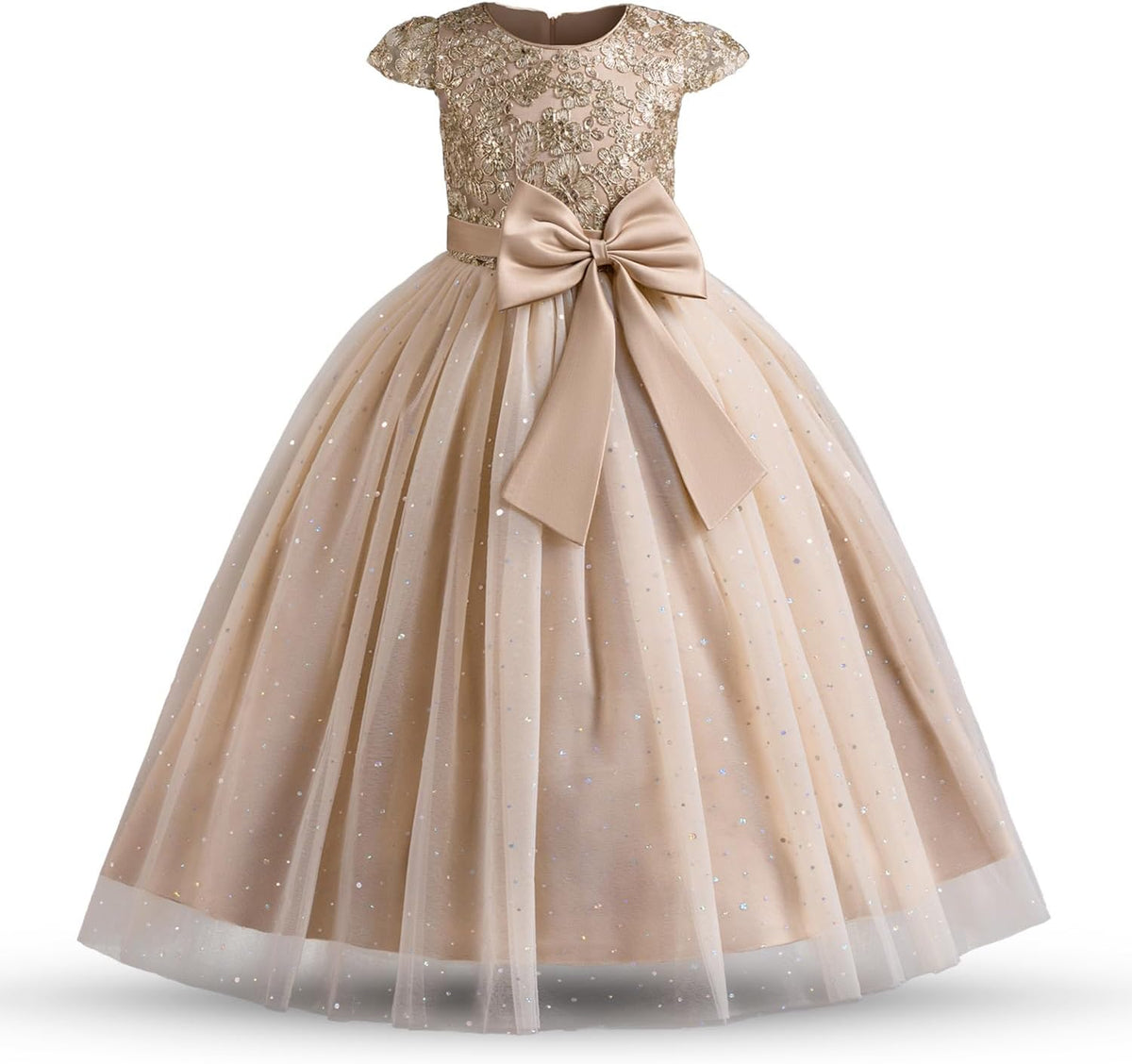 Exquisite lace dress with intricate golden lace design and charming bow detail for special occasions.