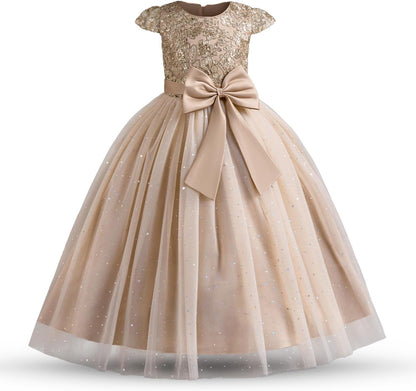 Exquisite lace dress with intricate golden lace design and charming bow detail for special occasions.